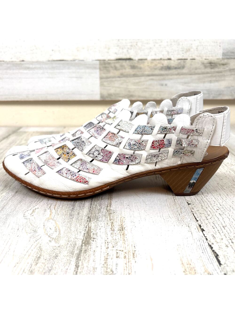 Rieker womens 10 White Multi Hand-Woven Leather Slingback Pumps Comfort Chic
